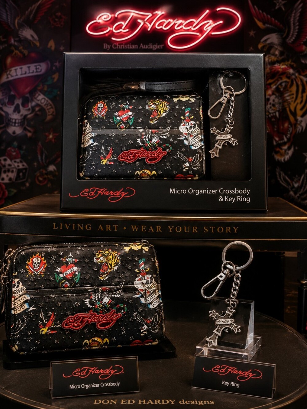 Ed Hardy Special Edition Mini Crossbody with Tattoo Designs & Key Chain Gift Set